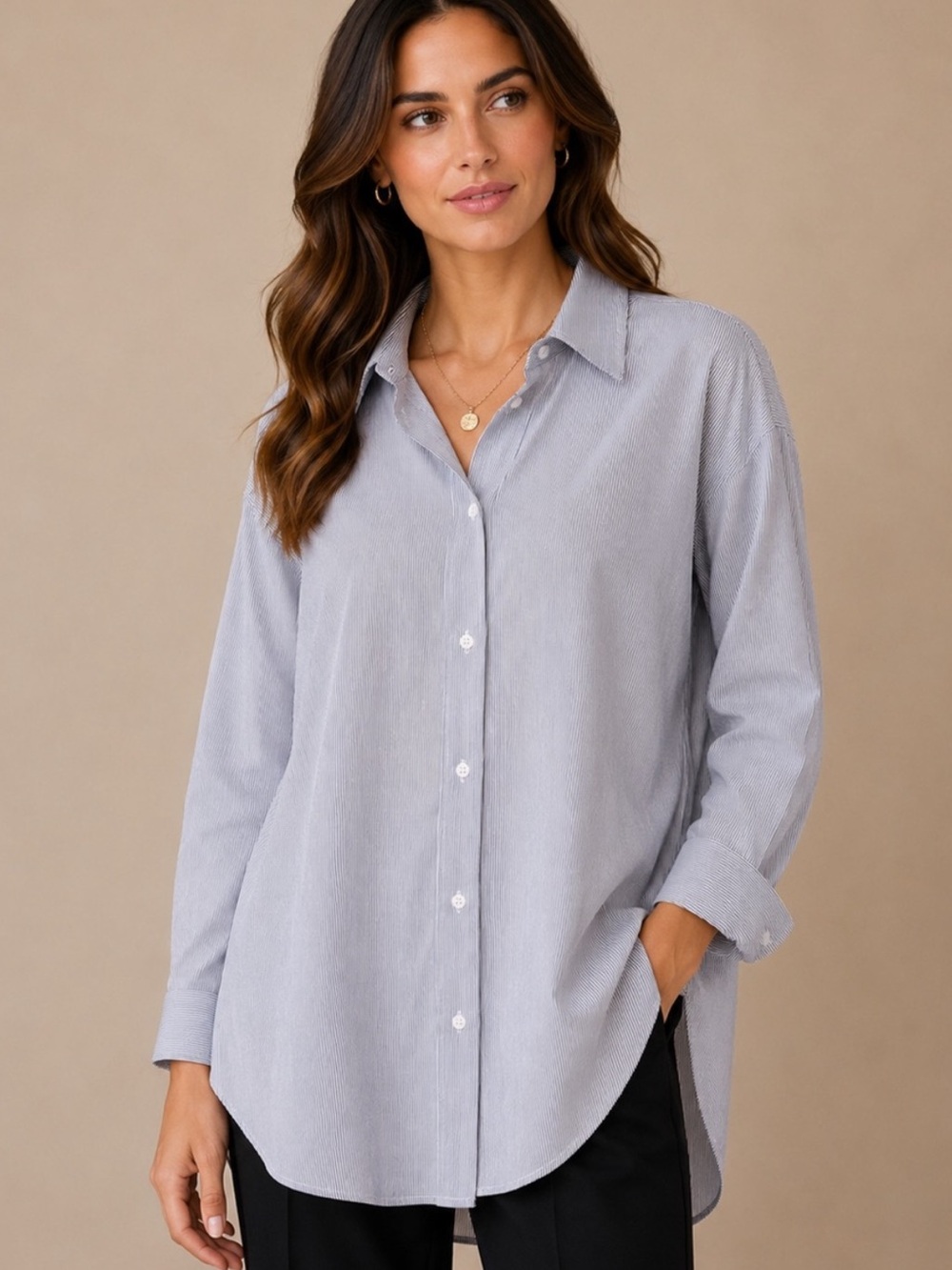 Mable Oversized Boxy Collar Full Button Up Shirt Blue White Pinstripe Size M